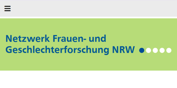 Netzwerk Frauen- und Geschlechterforschung NRW: grüner Banner mit blauem Schriftzug, fünf Punkte daneben, einer blau, vier weiß 