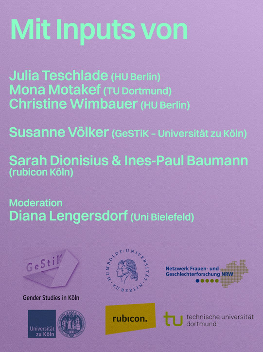 Poster featuring the speakers at the book event: Julia Teschlade (HU Berlin), Mona Motakef (TU Dortmund), Christine Wimbauer (HU Berlin), Susanne Völker (GeStiK, University of Cologne), Sarah Dionisius and Ines-Paul Baumann (rubicon Cologne). Moderator: Diana Lengersdorf (University of Bielefeld). Logos of the participating institutions at the bottom. Purple background with green text.