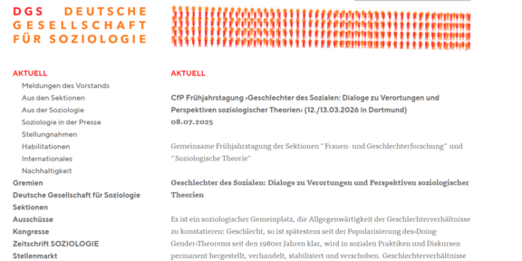 Logo der Deutschen Gesellschaft für Soziologie (DGS) in rot und orange. Neben dem Logo steht das Wort 'DE | EN' und darunter eine grafische Darstellung von stilisierten Figuren in verschiedenen Größen und Farben, die in Reihen angeordnet sind.