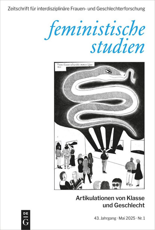 Cover of the journal feministische studien, May 2025 issue (Volume 43, No. 1), focusing on the theme "Articulations of Class and Gender." The illustration depicts a gallery scene where visitors are observing artworks. Above the scene, a large snake floats as a symbolic element accompanied by the text: "My class always hovered above me."