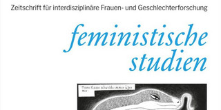 Cover of the journal feministische studien, May 2025 issue (Volume 43, No. 1), focusing on the theme "Articulations of Class and Gender." The illustration depicts a gallery scene where visitors are observing artworks. Above the scene, a large snake floats as a symbolic element accompanied by the text: "My class always hovered above me."