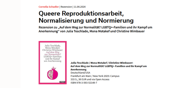 Screenshot of the review “Queer Reproductive Labor, Normalization, and Standardization” by Cornelia Schadler. The work being reviewed is a book by Julia Teschlade, Mona Motakef, and Christine Wimbauer with a pink cover featuring a stylized fruit.