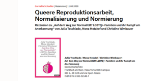 Scrennshot der Rezension ‚Queere Reproduktionsarbeit, Normalisierung und Normierung‘ von Cornelia Schadler. Das rezensierte Werk ist ein Buch von Julia Teschlade, Mona Motakef und Christine Wimbauer mit einem rosa Cover, auf dem eine stilisierte Frucht abgebildet ist