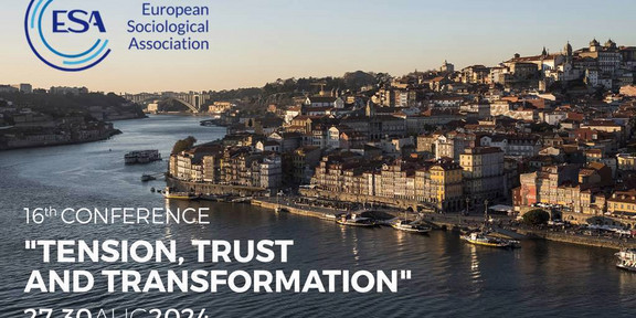 Ein Bild von Porto, Portugal, aufgenommen am Fluss Douro bei Sonnenuntergang. Oben links befindet sich das Logo der "European Sociological Association" (ESA). Darunter steht der Text: "16th Conference 'Tension, Trust and Transformation' 27-30 August 2024, Porto, Portugal"