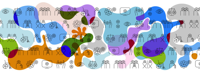 Ein sich wiederholendes Muster aus verschiedenen Symbolen, wie Menschengruppen, Menschen mit Behinderungen, Waagen, Computerbildschirme und Zahnräder, vor einem abstrakten Design mit sich überlappenden, fließenden Formen in verschiedenen Farben.