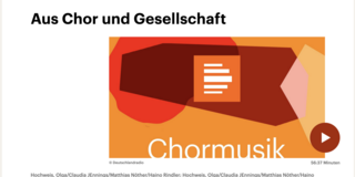 Abstract graphic in red, orange, and yellow tones with the title “Aus Chor und Gesellschaft.” Below it, “Chormusik” is written. A play button on the right indicates a 56:37-minute audio recording. The Deutschlandradio broadcast aired on March 19, 2025, at 12:05 AM.