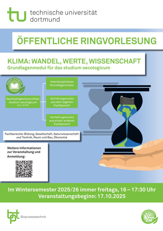 Das Bild zeigt ein Plakat der Technischen Universität Dortmund zur öffentlichen Ringvorlesung mit dem Titel „Klima: Wandel, Werte, Wissenschaft – Grundlagenmodul für das studium oecologicum“.    Oben ist das Logo der TU Dortmund zu sehen. Darunter steht in grüner Schrift:   „Öffentliche Ringvorlesung“   und anschließend in grün:   „Klima: Wandel, Werte, Wissenschaft – Grundlagenmodul für das studium oecologicum“.  Links befindet sich eine grafische Darstellung des Nachhaltigkeitszertifikats „studium oecologicum“ mit einem offenen Buch und einem grünen Blatt. Daneben sind drei grüne Kästen angeordnet, die die Modulstruktur zeigen:   „Interdisziplinäres Grundlagenmodul“,   „Vertiefungsmodul aus dem eigenen Fachbereich“,   „Vertiefungsmodul aus einem anderen Fachbereich“.    Darunter steht in weißem Kasten:   „Fachbereiche: Bildung, Gesellschaft, Naturwissenschaft und Technik, Raum und Bau, Ökonomie“.  Rechts im Bild ist eine stilisierte Sanduhr dargestellt. Der obere Teil zeigt ein graues Gebäude auf einer grünen Landschaft; der untere Teil zeigt Wasser und grüne Flächen – symbolisch für den Klimawandel und Nachhaltigkeit. Die Sanduhr wird von einer Hand gehalten.  Unten links befindet sich ein weißes Feld mit einem QR-Code und dem Text:   „Weitere Informationen zur Veranstaltung und Anmeldung:“    Am unteren Rand des Plakats steht in einem grünen Balken:   „Im Wintersemester 2025/26 immer freitags, 16–17:30 Uhr Veranstaltungsbeginn: 17.10.2025“.  In der linken unteren Ecke ist das Logo „bpt Bioprozesstechnik“ abgebildet; rechts unten befindet sich ein rundes Symbol mit der Aufschrift „nachhaltigkeitsbürp“.
