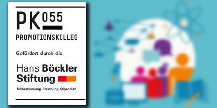 Logo des Promotionskolleg vor verwischtem Hintergrund mit bunten Figuren, einem Monitor und einem Buch.