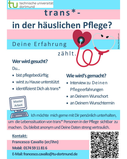 Flyer in Farben der trans*-Prideflagge mit Text: trans* in der häuslichen Pflege? Deine Erfahrung zählt. Wer wird gesucht? Du... bist pflegebedürftig, wirst zuhause unterstützt, identifizierst dich als trans*. Wie wird's gemacht? Interview zu deinen Pflegeerfahrungen, an deinem Wunschort, an deinem Wunschtermin. Ich möchte mich gerne mit dir persönlich unterhalten, um die Lebenssituation von trans* Personen in der Pflege sichtbar zu machen. Du bleits anonym und deine Daten streng vertraulich.